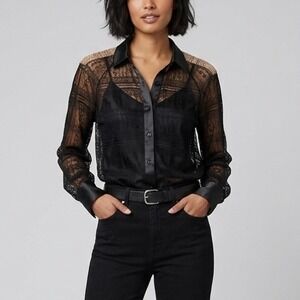Jason Wu Black Sheer Lace Button Down Shirt Satin Trim Collared Size XS